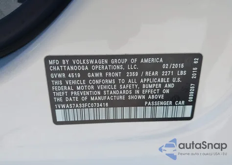 2015 Volkswagen Passat 1.8T S from USA, damaged, VIN 1VWAS7A33FC073416